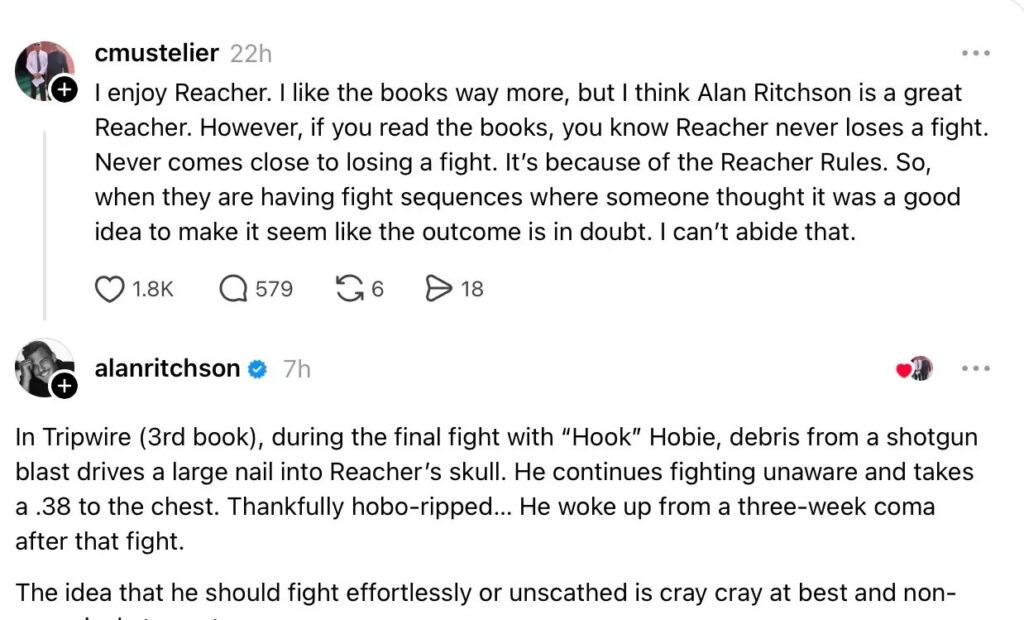 Alan Ritchson rebate crítica sobre cenas de luta em Reacher com exemplo dos livros